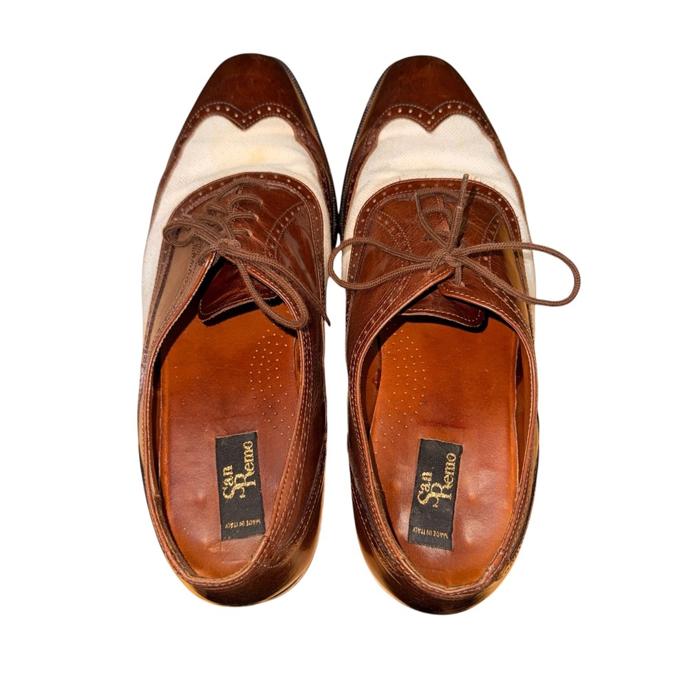 Vtg. San Remo Wingtip Oxford Mens 13M Pre-Owned Dress Shoe Brown Leather Canvas - Picture 15 of 16